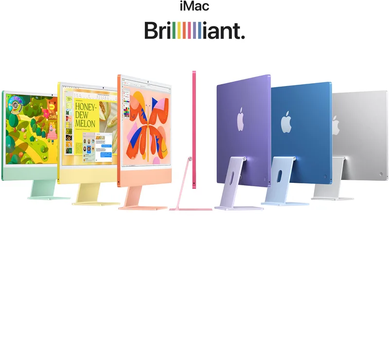 苹果官方 iMac 全配色产品图，多台不同颜色 iMac 并排