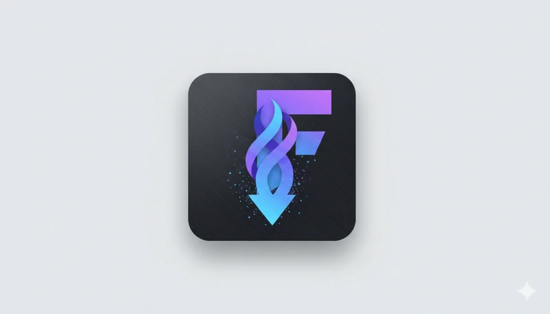 FluxDown 官方品牌视觉标识:科技感紫色与青蓝色渐变箭头,代表极速吞吐与多协议下载能力