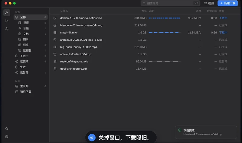 FluxDown macOS 客户端运行主界面:采用深色主题,左侧为状态分类与下载队列,右侧清晰展示任务下载列表、多线程分段进度条、110.1 MB/s 实时下载速率与系统托盘常驻提示