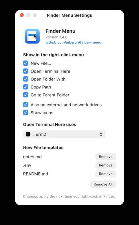 Finder Menu 设置窗口:版本号、右键菜单各项复选框、外置与网络盘开关、图标开关、终端选择器与 New File 模板列表