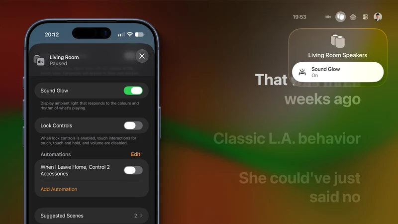 家庭 App 中 HomePod 设置界面,Sound Glow 开关处于开启状态,下方为 Lock Controls 开关;右上角为 Apple TV 控制中心的 HomePod 菜单卡片