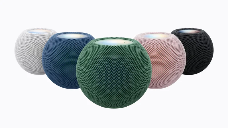 五台 HomePod mini 2 并排展示，分别为白色、蓝色、绿色、粉色和午夜色