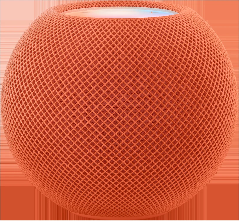 Apple 官方 HomePod mini 橙色渲染图,网状编织球体造型与顶部触控面板