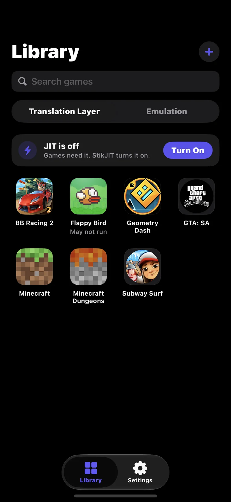 Husk 应用库界面截图:深色背景顶部有搜索框、Translation Layer 与 Emulation 两个分栏和 JIT is off 提示条,下方是海滩飙车、Flappy Bird、几何冲刺、GTA:圣安地列斯、我的世界等游戏图标网格