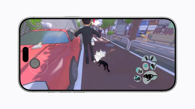 一台横放的手机屏幕显示《Little Kitty, Big City》画面,黑色小猫在红色汽车旁走动,画面左右可见虚拟摇杆与操作按钮