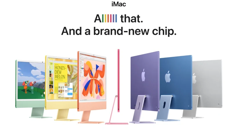 苹果官方 iMac 多色机身一字排开,包含绿色、黄色、粉色、紫色、蓝色与银色,正面机屏幕显示不同画面