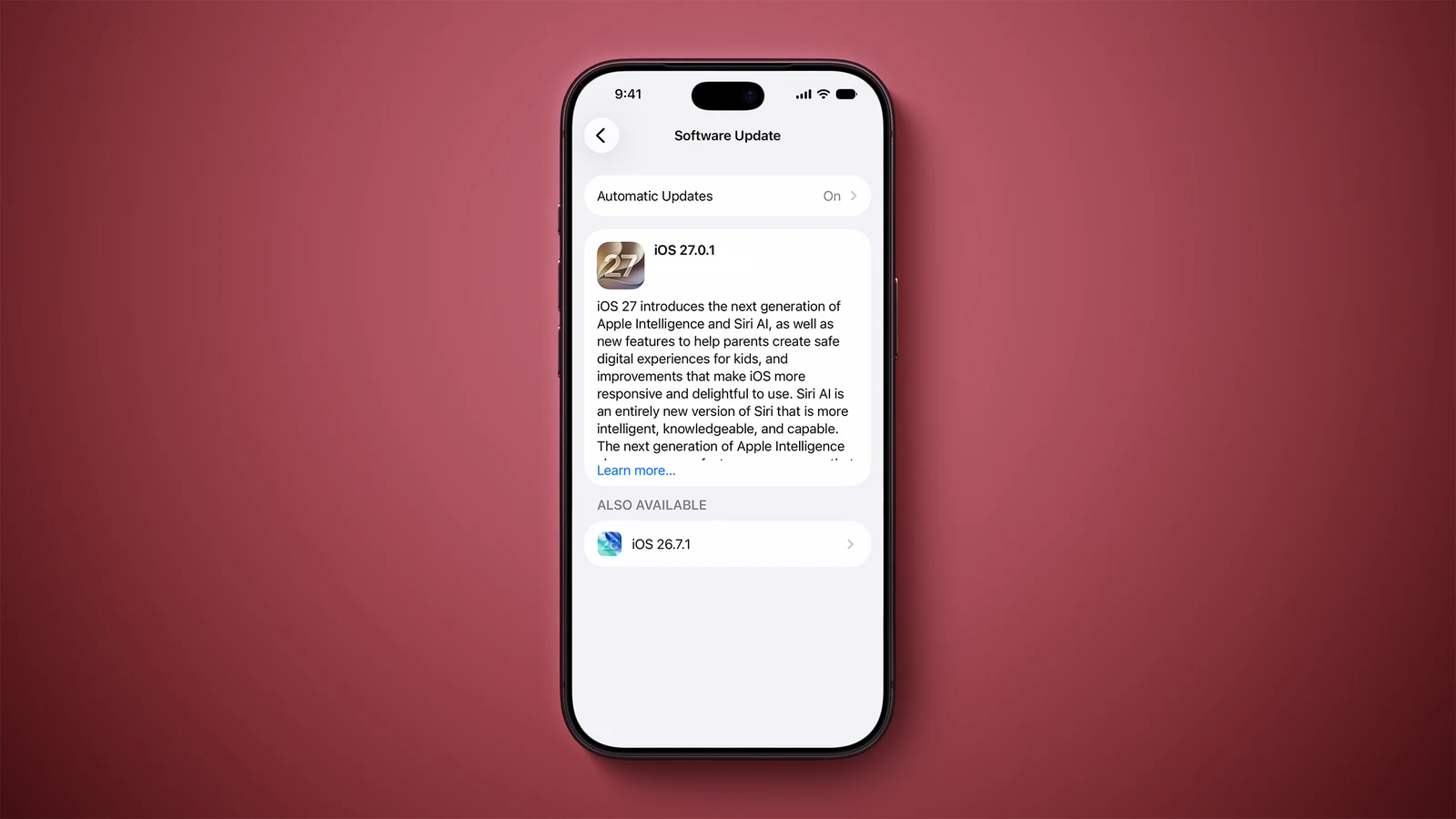 iPhone「软件更新」页面:iOS 27.0.1 占据主位,iOS 26.7.1 退到 ALSO AVAILABLE 栏