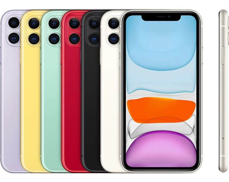 iPhone 11 官方产品图:紫色、黄色、绿色、红色、黑色、白色六色并排,双摄模组与正面刘海屏