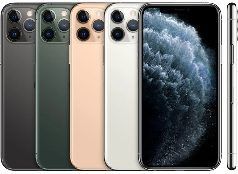 iPhone 11 Pro 官方产品图:银色、深空灰、金色、暗夜绿四色并排,磨砂玻璃背部,方形三摄模组,正面刘海屏,侧面不锈钢边框