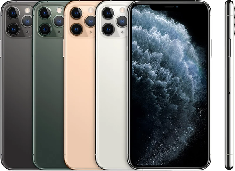 iPhone 11 Pro Max 官方产品图:四种配色的背面三摄模组与正面大屏刘海屏,6.5 英寸 OLED