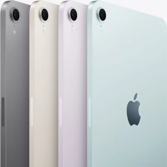 苹果官方发布的 iPad mini 多配色并排展示图,四台机型呈现深空灰、白色、粉色与浅蓝四种配色