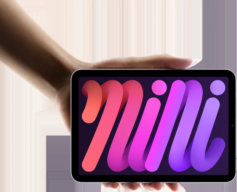 一只手握着显示粉紫渐变 mini 字样壁纸的 iPad mini