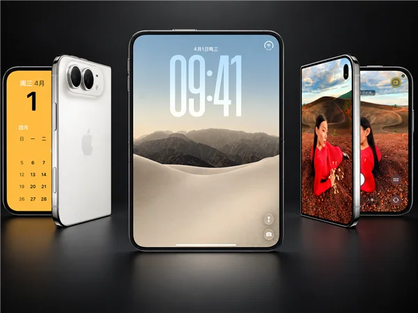 iPhone Duo 三台渲染图：左侧为折叠状态深色机型显示日历锁屏，中间为展开状态显示山景壁纸，右侧为展开状态显示人像照片