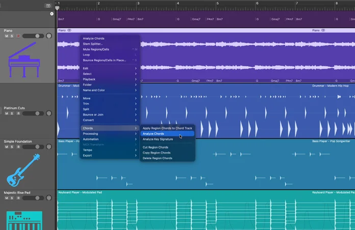 Logic Pro 和弦分析菜单:钢琴卷帘编辑区上弹出分析和弦等选项