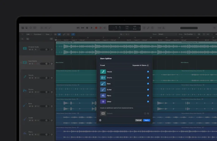 Logic Pro Stem Splitter 音轨分离界面:对话框列出人声、鼓、贝斯、吉他、钢琴等分轨选项