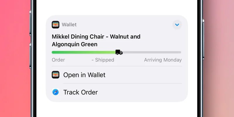 iOS 27 邮件内的 Apple 钱包建议卡片,显示订单物流进度条与「Open in Wallet」「Track Order」两个选项