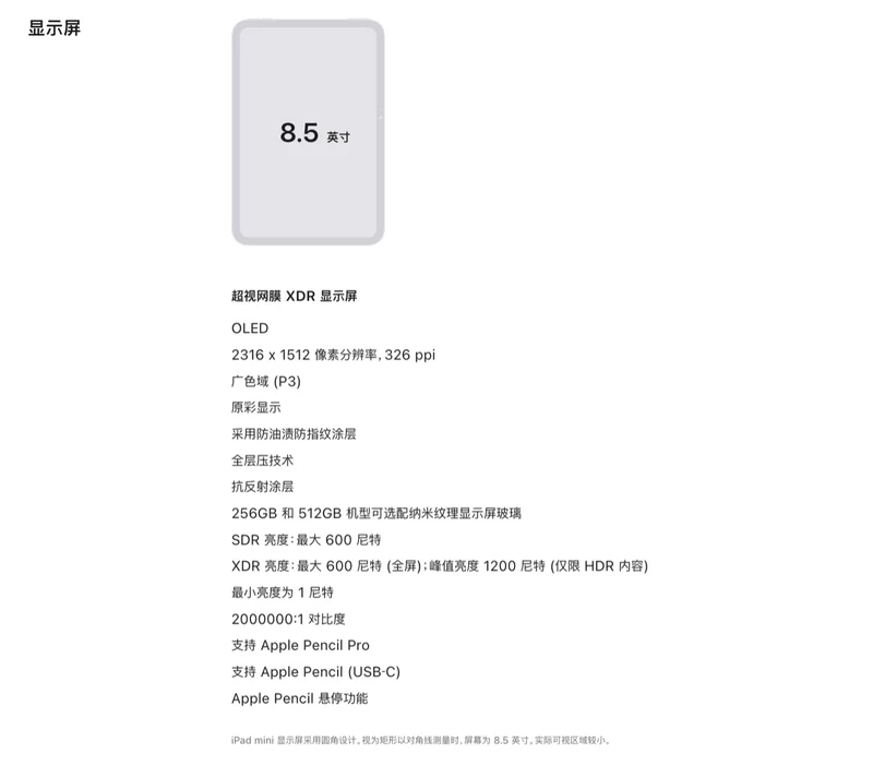 苹果官网 iPad mini 显示屏规格清单截图,逐条列出 OLED、分辨率、亮度与对比度,没有刷新率条目