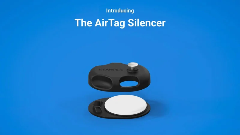 Elevation Lab 官方宣传图：蓝色背景下展示 AirTag Silencer 产品，黑色底座上方有一根金属钉，旁边是拆开的白色 AirTag，上方文字为 Introducing The AirTag Silencer