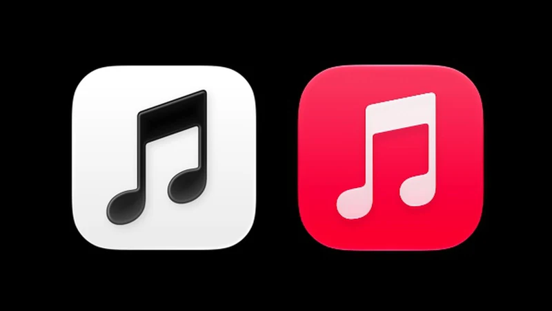 Apple Music 新旧应用图标并排对比：左侧为 iOS 27.2 beta 4 里的白底黑音符新图标，右侧为现行红渐变旧图标
