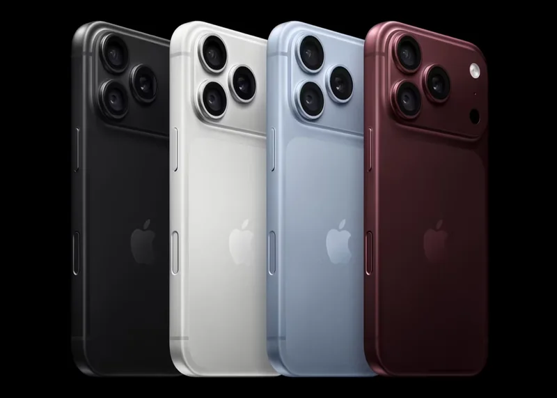 iPhone 18 Pro 系列四种配色机身背面官方图,含黑色、白色、蓝色与勃艮第红