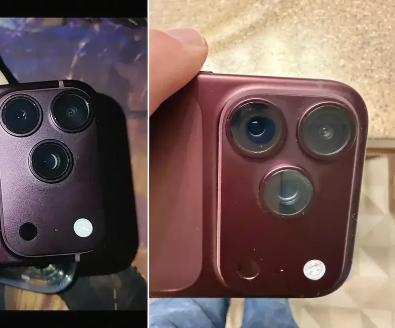 用户实拍并排对照:左侧与右侧两台 iPhone 18 Pro 背面摄像头模组特写,模组周边可见不规则斑块与色偏