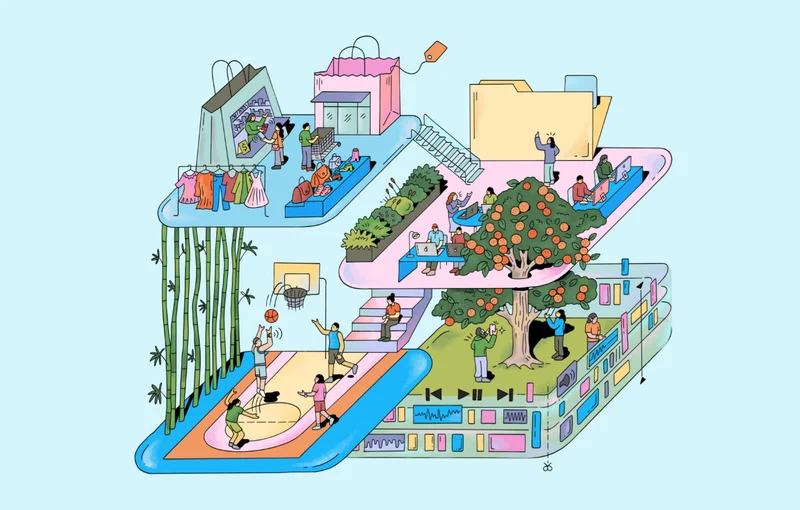 App Store 应用场景插画,购物、游戏、音乐、相机等分区拼贴成一处立体城市