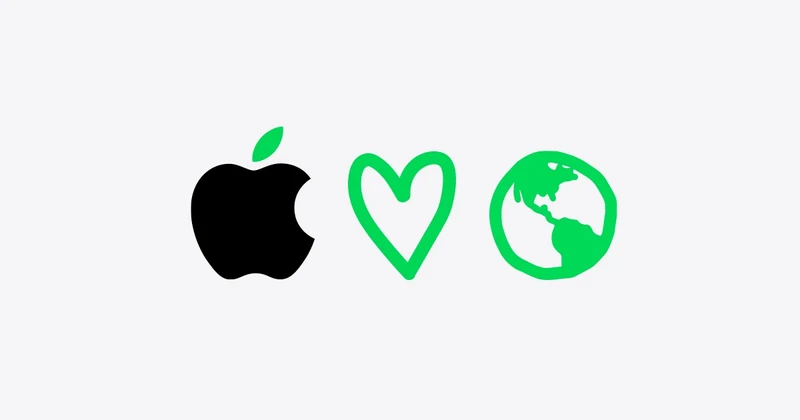 苹果环保主题标识:黑色 Apple 标志、绿色心形与绿色地球图案并排