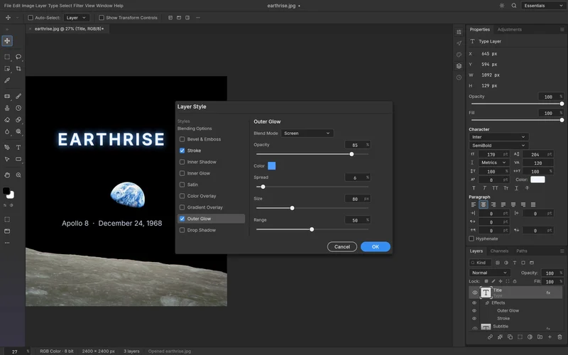 PhotoCraft 界面截图:画布显示 EARTHRISE 字样与地球照片,中央弹出发光图层样式对话框,可设置混合模式、不透明度、扩展、大小与范围