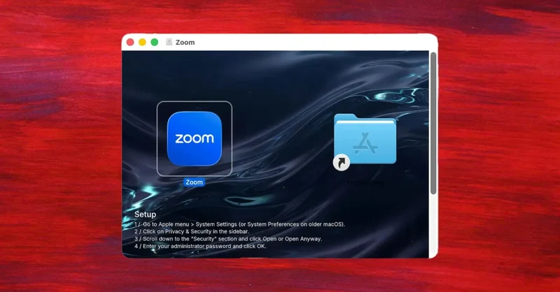 假 Zoom 安装器的磁盘映像窗口,背景印着编号的操作步骤