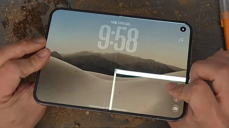 两只手握着展开的 iPhone Duo，韩语锁屏界面显示 9:58，一条白色亮线从屏幕中部向右延伸，到右缘后垂直折向下