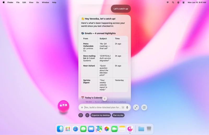 Mac 桌面截图：屏幕中央浮着 Eney 的对话框，标题为「Let's catch up」，下方是按发件人与时间列出的四封未读邮件摘要，底部输入框旁有「Organize my desktop」与「Plan my day」两个按钮
