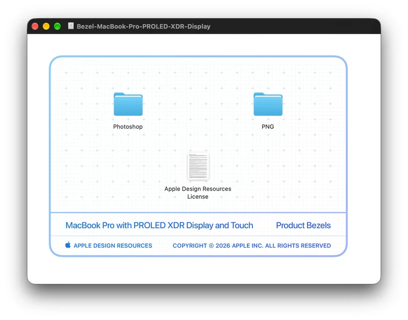 Apple 设计资源门户页面截图，显示 Bezel-MacBook-Pro-PROLED-XDR-Display 素材包与 Photoshop、PNG 文件夹