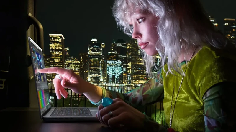 夜间城市背景中一名创作者用手指操作 MacBook Pro 屏幕上的时间轴界面