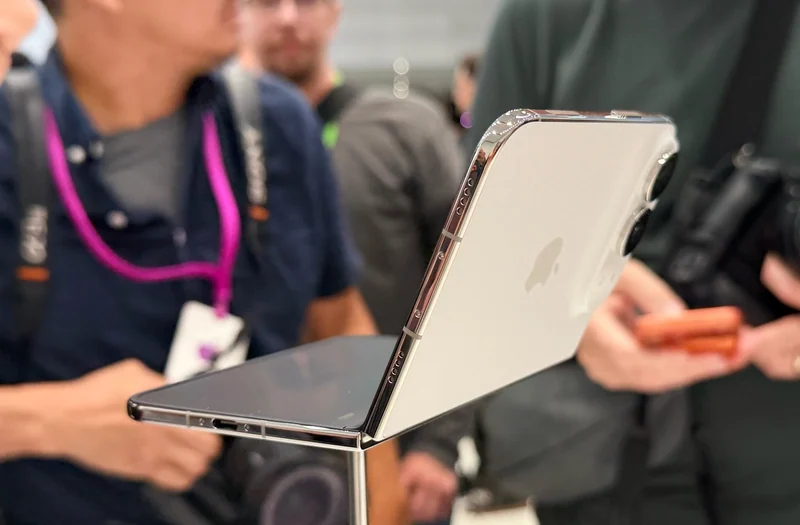 iPhone Duo 现场实拍:半开的机身立在展台支架上,铰链与后置双摄可见,背景是举着相机的人群
