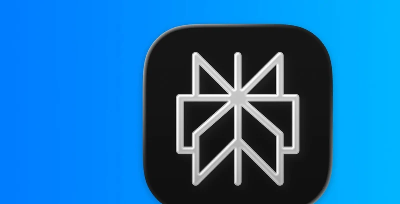 Perplexity 应用图标:黑色圆角方形背景上的白色风车形标志,衬在蓝色渐变背景上