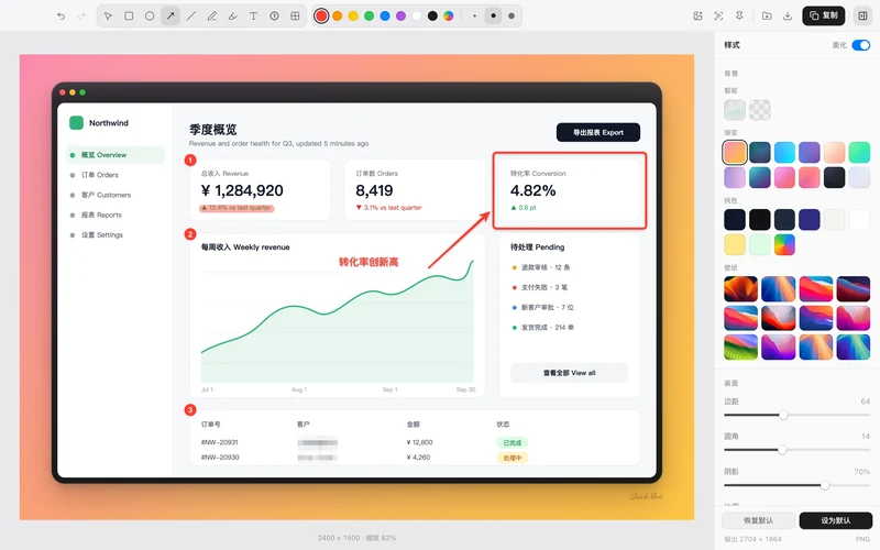 QuickShot 编辑器界面:左侧为已标注的仪表盘截图,含 1 2 3 三个序号标记与红色箭头,右侧为美化面板,显示渐变与纯色背景选项、窗口样式、边距圆角阴影数值与设为默认按钮