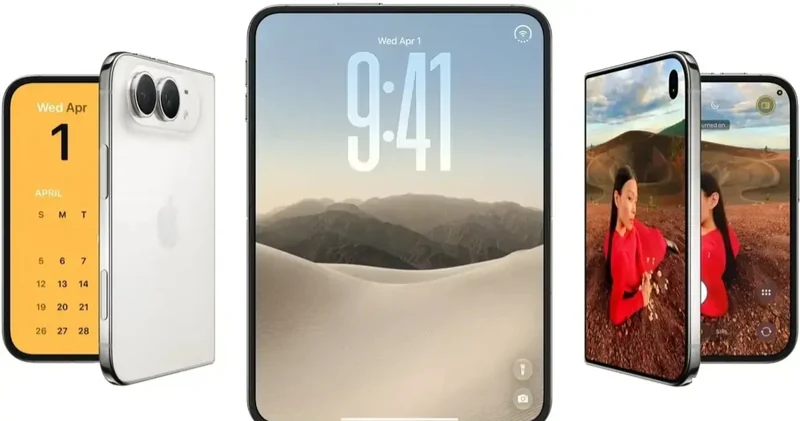 iPhone Duo 三种形态的官方渲染图,从左到右依次为外屏日历界面、展开后的内屏锁屏、折起状态的侧视
