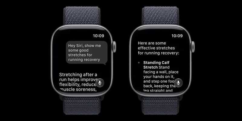 Apple Watch 上的 Siri 对话界面,展示运动恢复拉伸建议的问答过程