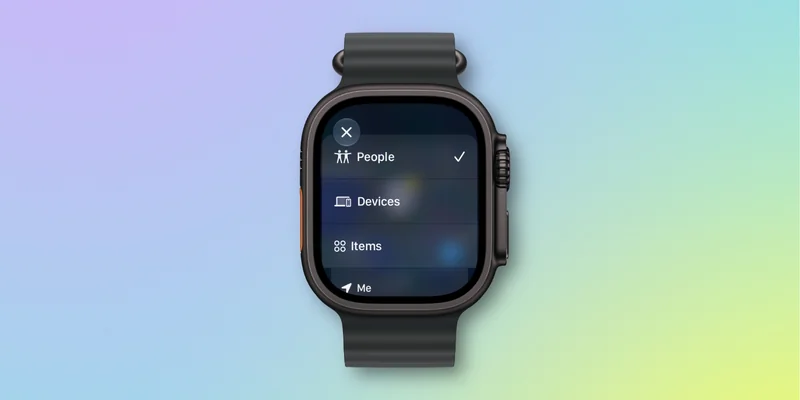 Apple Watch 上的查找应用界面,菜单可切换联系人、设备与物品三种模式